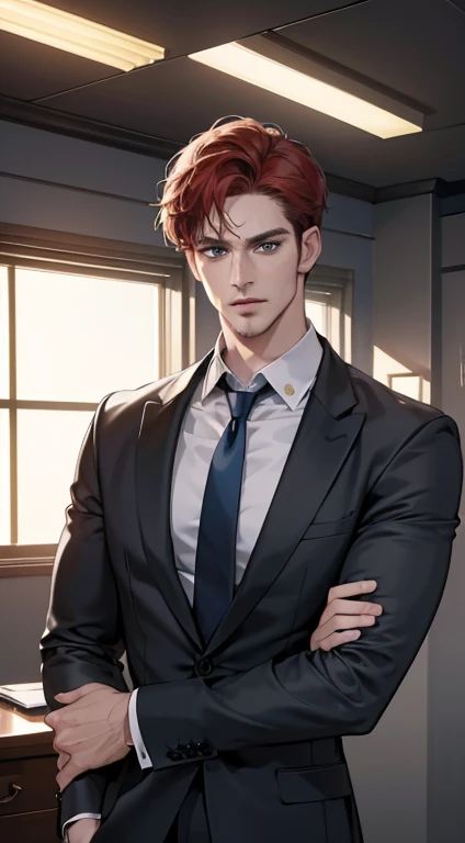 (best quality, masterpiece, 8K, photorealistic, cinematic lighting, hdr image, ultra detailed, beautiful image), 1 man, 31 years old, mature man, very handsome, (without expression, serious), short red hair, blue grey eyes ( penetrating gaze), perfect face without errors, imposing posture, without errors, businessman, office background