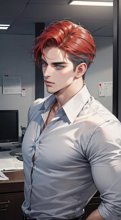 (best quality, masterpiece, 8K, photorealistic, cinematic lighting, hdr image, ultra detailed, beautiful image), 1 man, 31 years old, mature man, very handsome, (without expression, serious), short red hair, blue grey eyes ( penetrating gaze), perfect face without errors, imposing posture, without errors, businessman, office background