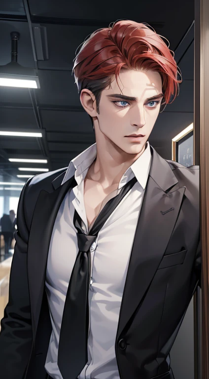 (best quality, masterpiece, 8K, photorealistic, cinematic lighting, hdr image, ultra detailed, beautiful image), 1 man, 31 years old, mature man, very handsome, (without expression, serious), short red hair, blue grey eyes ( penetrating gaze), perfect face without errors, imposing posture, without errors, businessman, office background