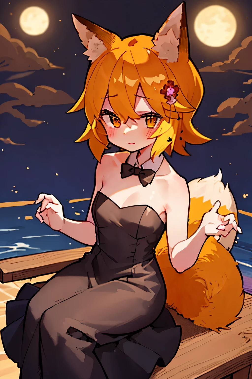 masterpiece, best quality, highly detailed, sen, animal ears, fox ears, fox girl, fox tail, hair flower, hair ornament, orange eyes, orange hair, short hair, tail, blush, looking at viewer, , girl, small breasts, detailed hands, keqing (opulent splendor) (genshin impact), official alternate costume, dress, night, strapless dress, looking at viewer, cleavage, black dress, strapless, bare shoulders, bangs, bow, detached collar, ribbon, double bun, two-tone dress, hair ornament, black bow, hair ribbon, blue dress, bowtie, sitting on bench