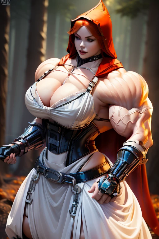 (((Massive, beautiful, pale white skinned, buff, muscular asian woman with red hair, black lipstick, ginormous bulky muscles and wearing a mechanized red riding hood cosplay with a beautiful long skirt))), {close view}, massive muscles, massive biceps, hyper muscle shoulders, vascular shoulders, hyper muscle triceps, (long hair), yellow eyes, red hood cosplay, corset, long beautiful skirt, chain belt, choker, thigh high heels, (in a forest), fingerless gloves, closed smile, night, hyper vascular arm, hyper muscles arms, hyper muscle legs, massive arms.