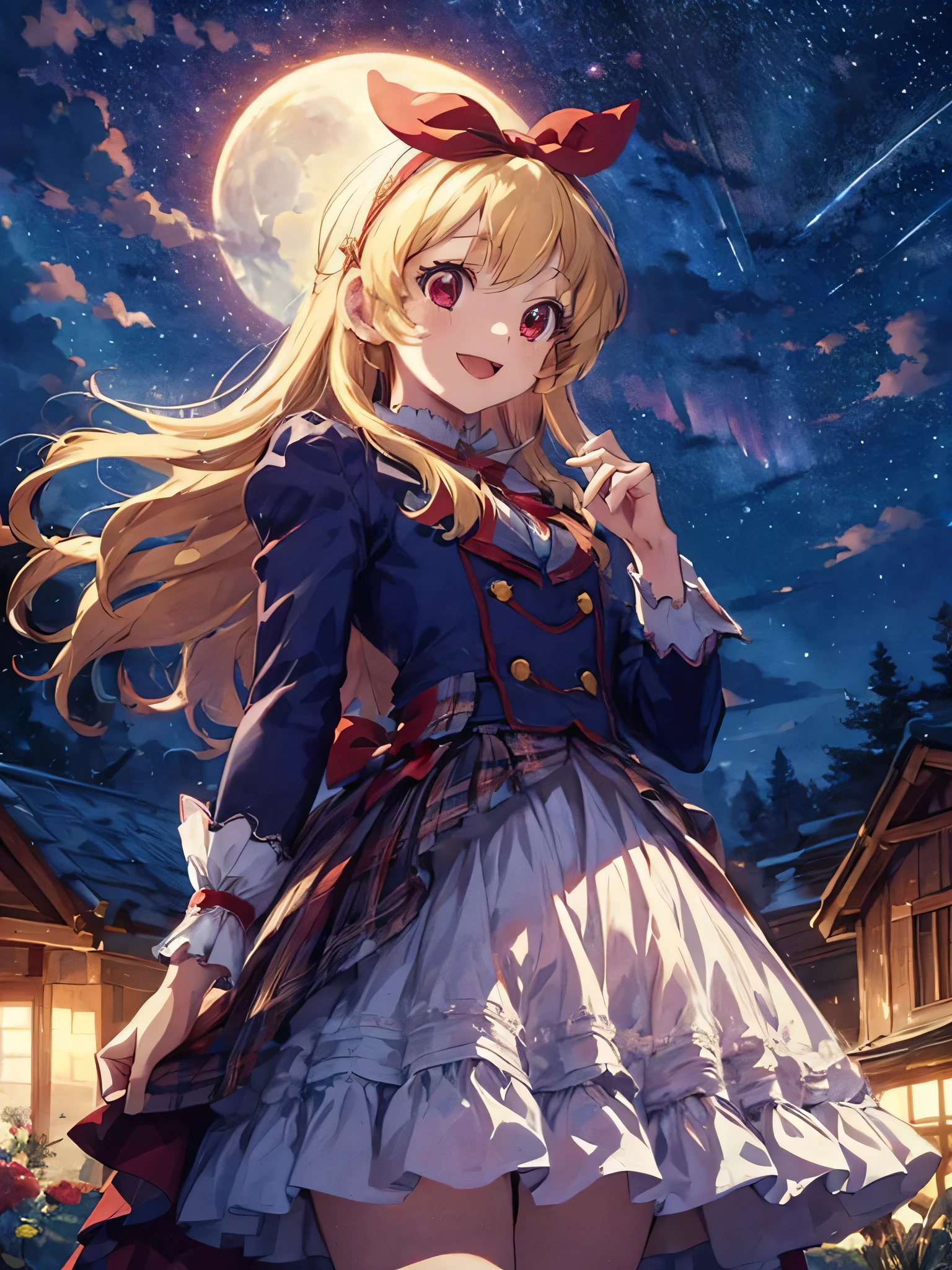 COWBOY Shot,Masterpiece,ultimate,A girl wearing a dress with an aurora pattern, red ribbon on her head, blonde, cute, aurora in the sky, night, the end of the world, looking up at the sky,(from below),Ultra smile,:D