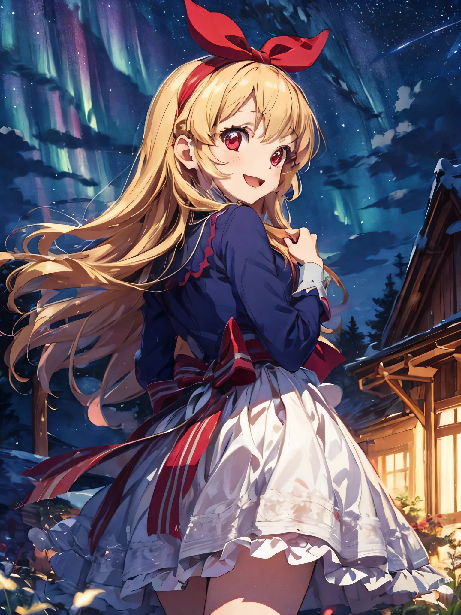 COWBOY Shot,Masterpiece,ultimate,A girl wearing a dress with an aurora pattern, red ribbon on her head, blonde, cute, aurora in the sky, night, the end of the world, looking up at the sky,(from below),Ultra smile,:D