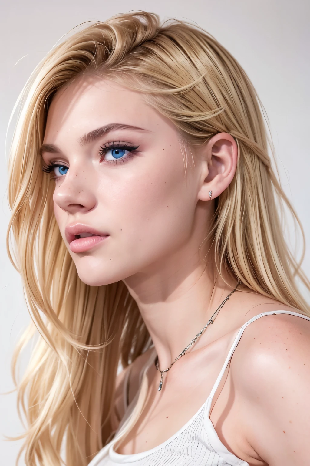 2 brothers, man and woman. ((AlexiaThompson01R face)). White background. beautiful. perfect, blonde hair, blue eyes. (Location: white wall, white background) black sleeveless t-shirt. Vibrant Blue Eye. hair falling over one eye. pink lips. perfect, white skin. thin nose, thin chin. face in profile, face from the side.