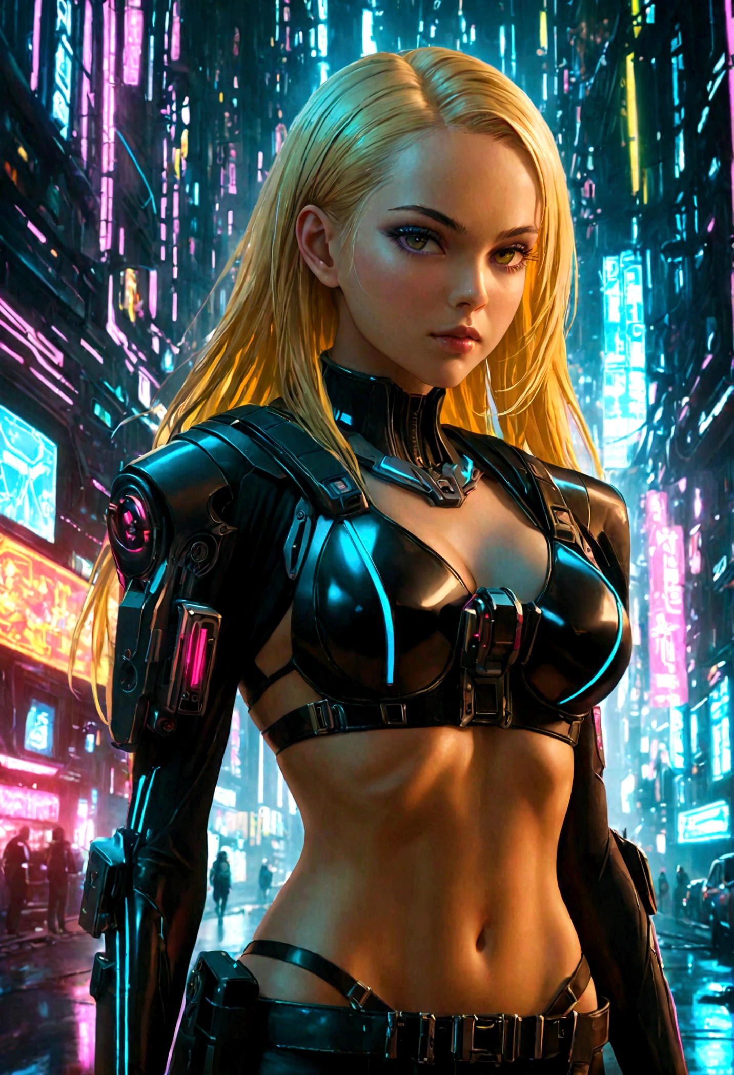 a beautiful young woman with an ideal physique in a latex bikini, belt, and holster for a laser gun, long blonde hair, futuristic city, detailed face, intricate details, highly detailed, 8k, photorealistic, cinematic lighting, dramatic shadows, vivid colors, cyberpunk, neon, advanced technology, advanced weaponry, hyper-realistic, masterpiece, portrait photo, 