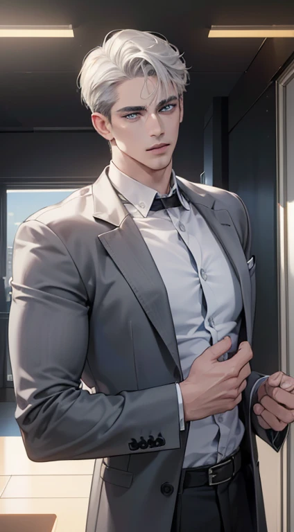 (best quality, masterpiece, 8K, photorealistic, cinematic lighting, hdr image, ultra detailed, beautiful image), 1 man, 31 years old, mature man, very handsome, (without expression, serious), short white hair, blue grey eyes ( penetrating gaze), perfect face without errors, imposing posture, without errors, businessman, office background