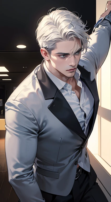 (best quality, masterpiece, 8K, photorealistic, cinematic lighting, hdr image, ultra detailed, beautiful image), 1 man, 31 years old, mature man, very handsome, (without expression, serious), short white hair, blue grey eyes ( penetrating gaze), perfect face without errors, imposing posture, without errors, businessman, office background