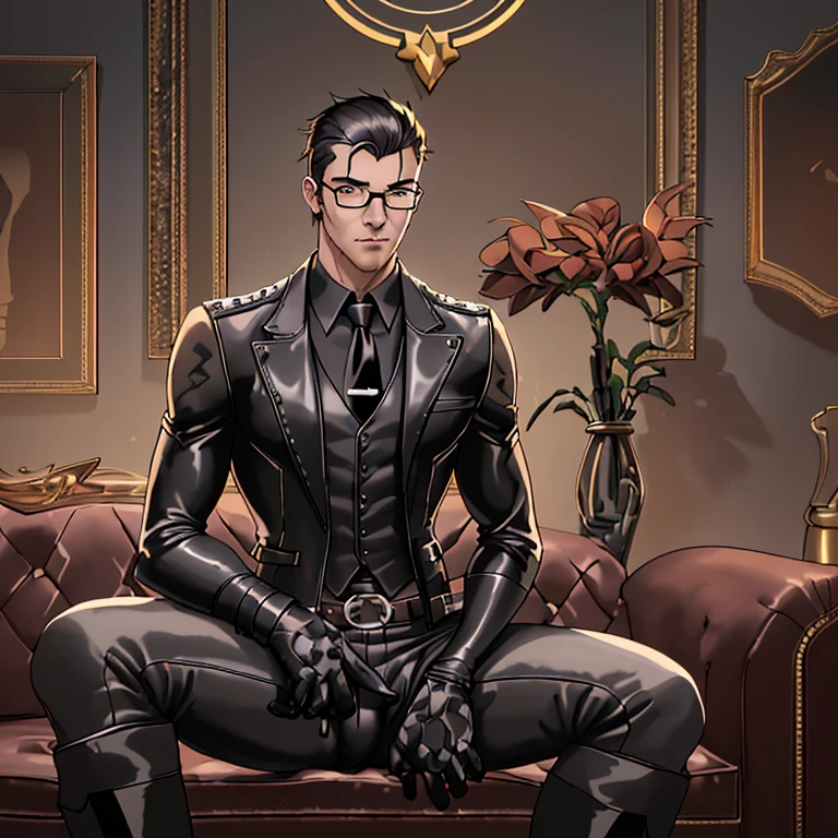 1boy, 16~20 years old, male focus, muscular male, nsfw, 3D, realistic, indoor, normal hue, central, golden ratio, sitting on the leather couch, sharp-featured body, tall, burly, highres, slender build, perfect anatomy, skin texture, thick dark buzzcut hair, see-through bangs, shallow eyebrow, symmetrical eyebrow, large bright eyes, symmetrical eyes, square gold-rimmed glasses, big straight nose, closed mouth, double-edged polearm, broad shoulders, noble attire, bdominal stretch, tight-fitting, leather collar, stand-up collared shirt, necktie, waistcoat, open thickened glossy dark leather jacket, six-pack abs, leather gloves, black trousers, leather belt, spreading long thin legs, large erect penis over 10 inches length and 3 inches width, erection, large scrotum with testicles, masturbation, high-heeled leather boots, soft smile, handsome, powerful, from front, looking ahead at viewer, day, masterpiece, best quality, hyper-detailed, intricate detail, professional photography, matte, bright, the most beautiful ever seen, post processing, dreamatic lighting, ambient lighting, epic composition, ultrawide shot, uplight, raytracing reflections, depth of field, gorgeous background 