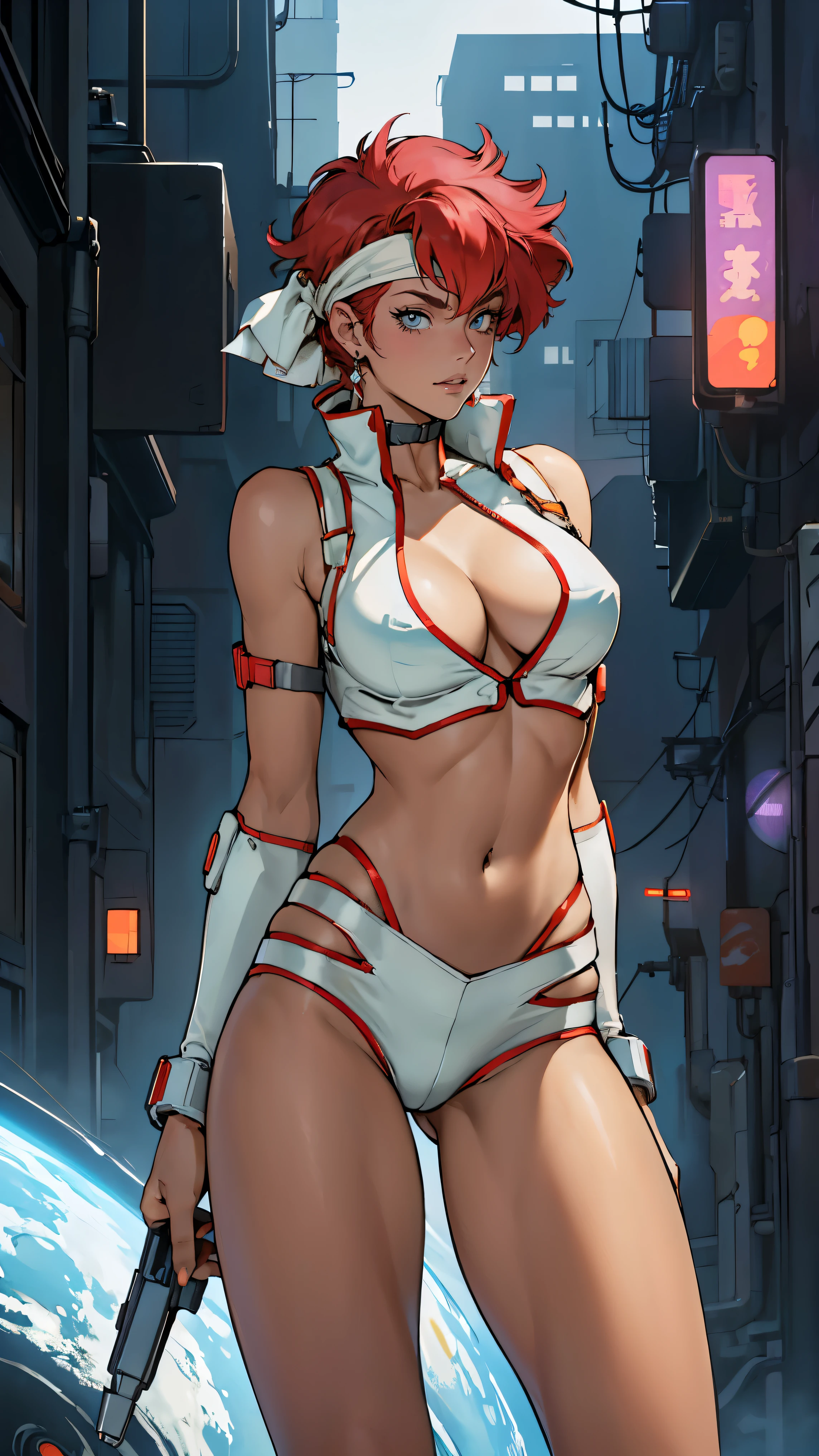 ((Masterpiece, highest quality; 1.3)), super quality, beautiful detail, super detailed, extra fine, 16K, exquisite, absurd, high resolution, beautiful background, detailed background, beautiful eyes, beautiful skin, anime style, Kay from Dirty Pair in a white outfit, tight outfit, cleavage, bushy redhead beauty, very light blue uniform, wearing tight clothes, skimpy, (mid chest: 1.2), cleavage, cleavage, slim waist , thin waist, slim thighs, thin legs, slim legs. thigh gap, showing stomach, skinny, thin hips, cyberpunk city background, retro space gun holding, headband,