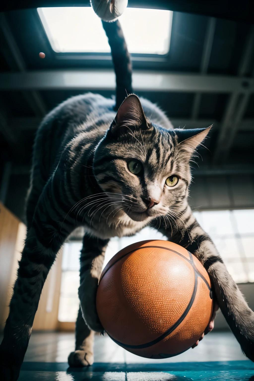 cat playing a basketball, motion blur, film grain, Sony FE GM, from below, UHD, 8k, highres, super detail, anatomically correct