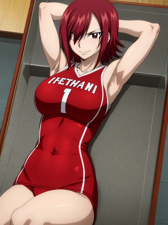 masterpiece, best quality, highres, anime style, anime official art,fairy tail, 1girl, short hair, red hair, messy hair, hair over one eye, brown eyes, seductive smile, large breasts, wearing volleyball jersey, cowboy shot, indoors, arms up,armpits, armpits visible, sixpack, abs