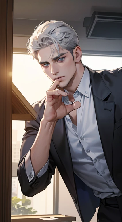 (best quality, masterpiece, 8K, photorealistic, cinematic lighting, hdr image, ultra detailed, beautiful image), 1 man, 31 years old, man, very handsome, (without expression, serious), short white hair, blue grey eyes ( penetrating gaze), perfect face without errors, imposing posture, without errors, businessman, office background