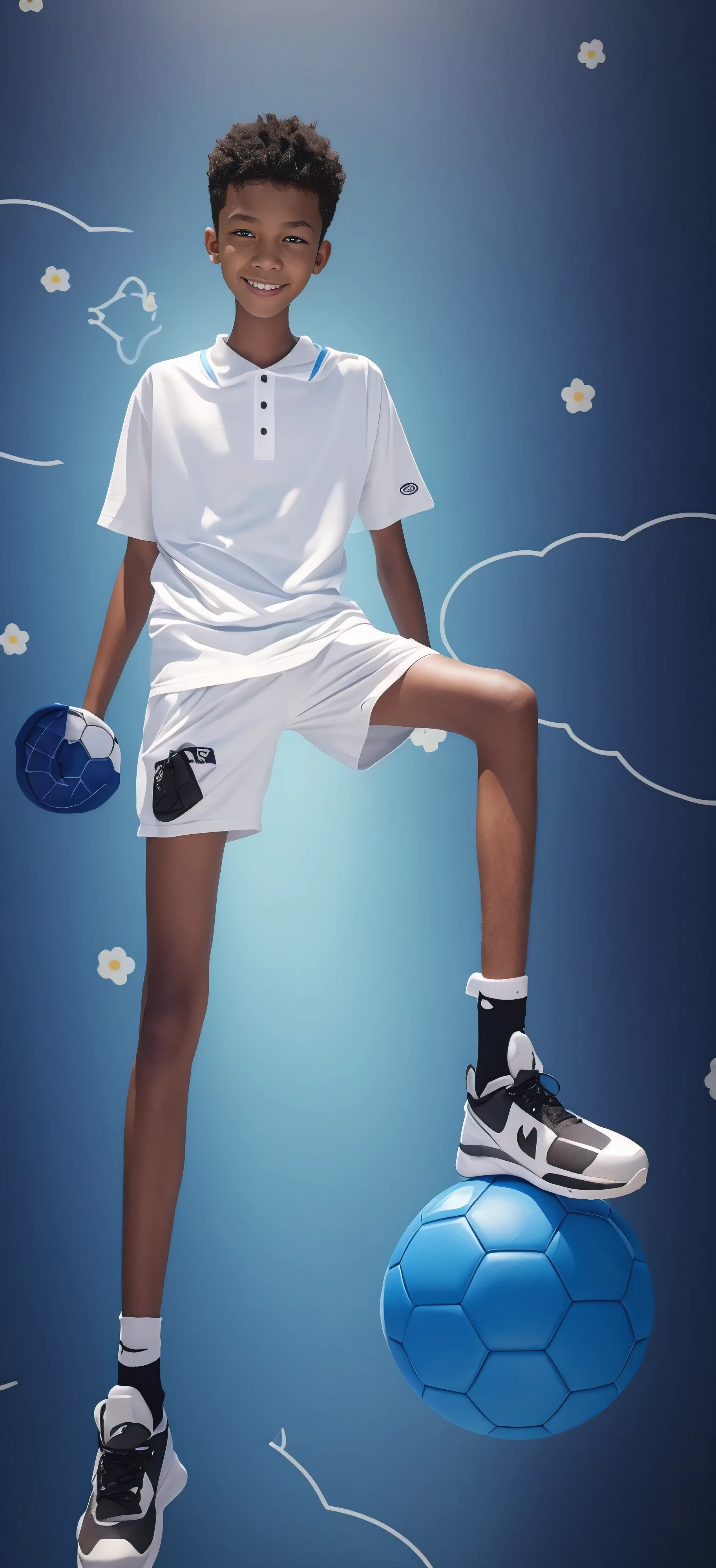  boy，（Wearing white tennis clothes，Black shorts），Dark skin，Big round eyes，Very short hair，Tall and skinny，Toothy Smile，Sharpen details，Knee muscle lines，Blue Background