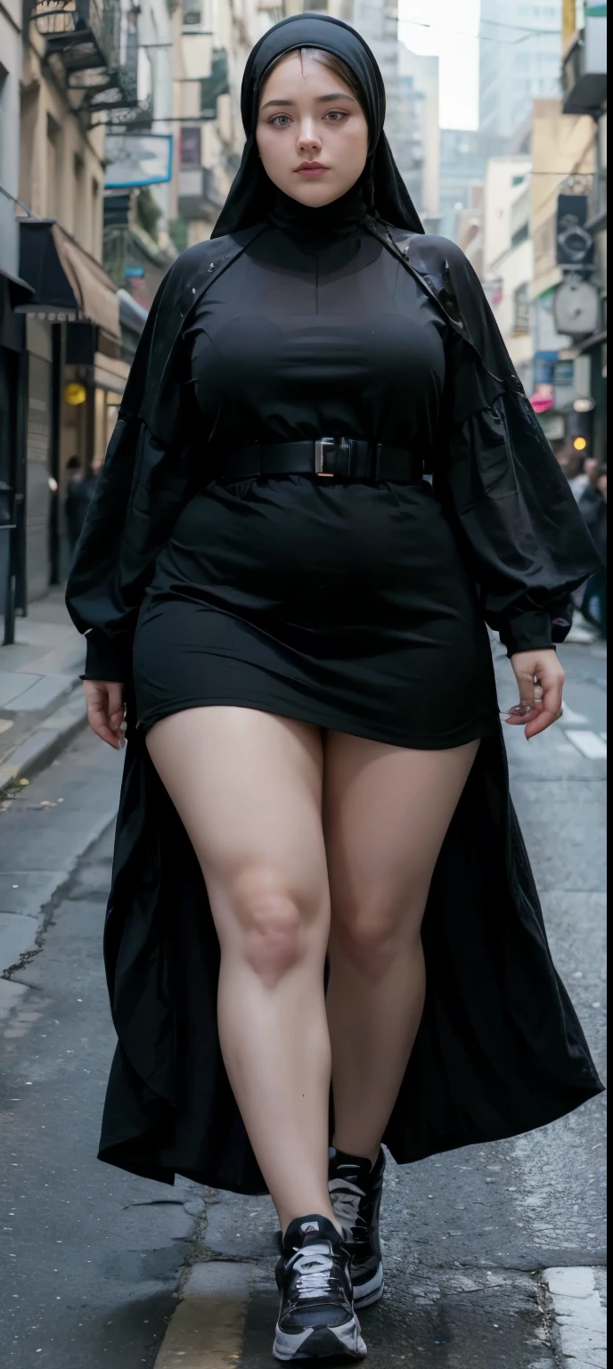 Milky white skin woman in black dress and hijab walking down the street, , hijab outfit, , hijab fashion model, plus size, plus size woman, , woman in black robes, beautiful woman, thicc, black outfit,, bbwchan , white sneakers , Height 170 cm, beautiful woman, with a beautiful appearance, a very beautiful masterpiece, a masterpiece of art, good lighting, Bright colors, Clean lines