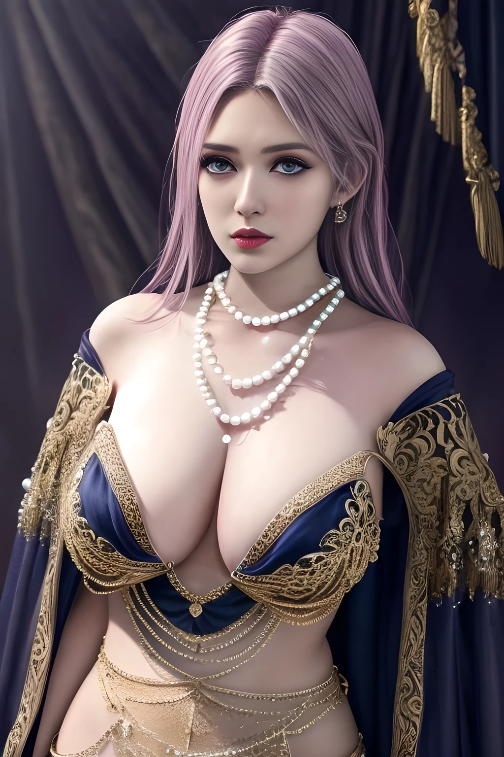 1girl, ice-crystal embellished dress, unclothed body, jewel, lace cloak, fluffs, pearl bodychain, beautiful detailed eyes, beautiful detailed lips, extremely detailed eyes and face, long eyelashes, best quality, 4k, 8k, highres, masterpiece, ultra-detailed, realistic, photorealistic, photo-realistic, ethereal glow, regal elegance, intricate details, luxurious, otherworldly beauty, dark atmospheric background, supernatural aura, elise,