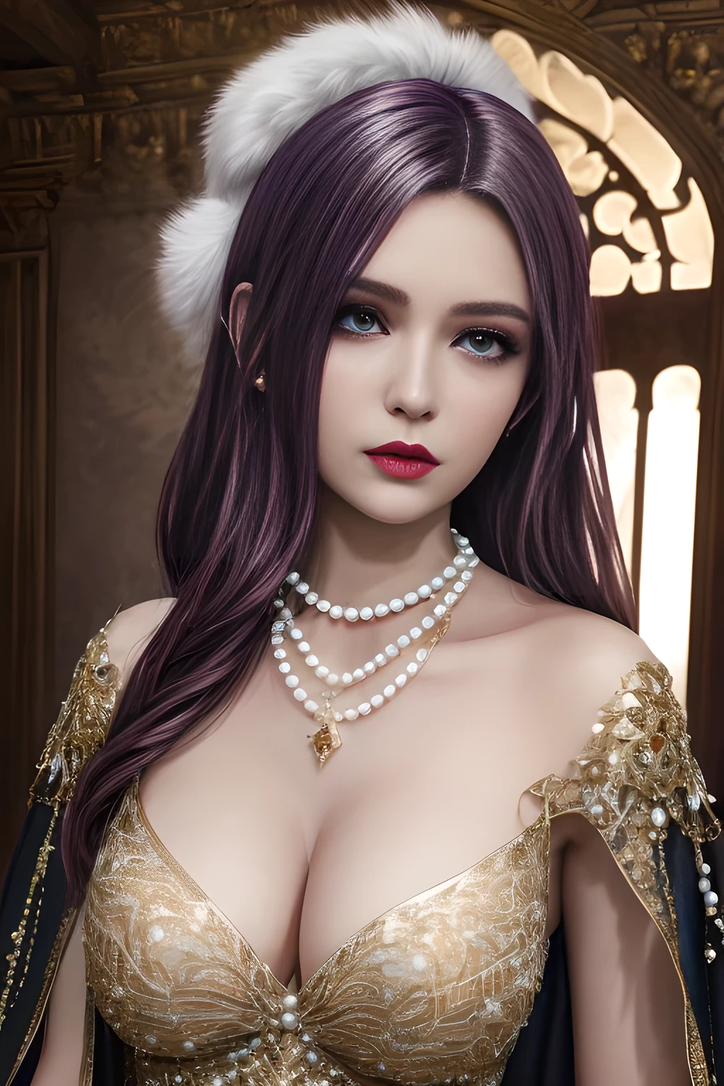 1girl, ice-crystal embellished dress, unclothed body, jewel, lace cloak, fluffs, pearl bodychain, beautiful detailed eyes, beautiful detailed lips, extremely detailed eyes and face, long eyelashes, best quality, 4k, 8k, highres, masterpiece, ultra-detailed, realistic, photorealistic, photo-realistic, ethereal glow, regal elegance, intricate details, luxurious, otherworldly beauty, dark atmospheric background, supernatural aura, elise,