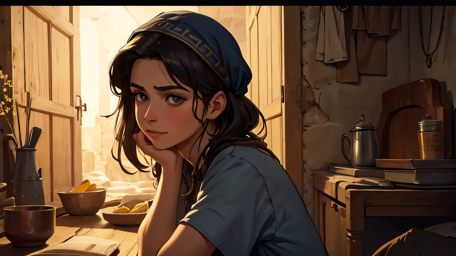 detailed of a poor young Greek peasant mother, affable and kind face, 1st century AD. C., in a poor house at night, warm lighting, chiaroscuro, realistic, cinematographic, dramatic, emotional, pictorial, impasto. , high detail, high resolution, award-winning