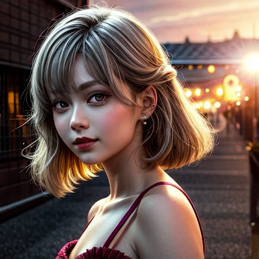 18yo girl in RED Tube-Top dress Stroll along evening Harbor, (Acutance:0.85), ZoomLayer, Masterpiece of 8K Ultra-detailed, (VolumetricLighting), (RAW Photo-realistic:1.37), (Close-up:1.38), (Sunseting colorful sky), (Dazzling bokeh:1.32), { (Golden ray illuminating face) | (Photon Particles:0.95) | (Fluttering Hair in wind:1.4) } . BREAK (((Extremely detailed NOGIZAKA face))), perfect anatomy, Childish, CaptivatingGaze, Elaborate detailed Eyes with (Sparkling Highlights:1.28), (Voluminous Long Eyelashes:0.88)、Glossy RED Lips with beautiful details, Coquettish Tongue, Rosy Cheeks, (Detailed Flawless Skin with glowing DowneyHair, Radiant PearlSkin with Transparency) , Shiny SilkyHair, Random Solid HairColor. { (joyful expressions) | (:d) }, (Large eyes:-1, Tree:-1).