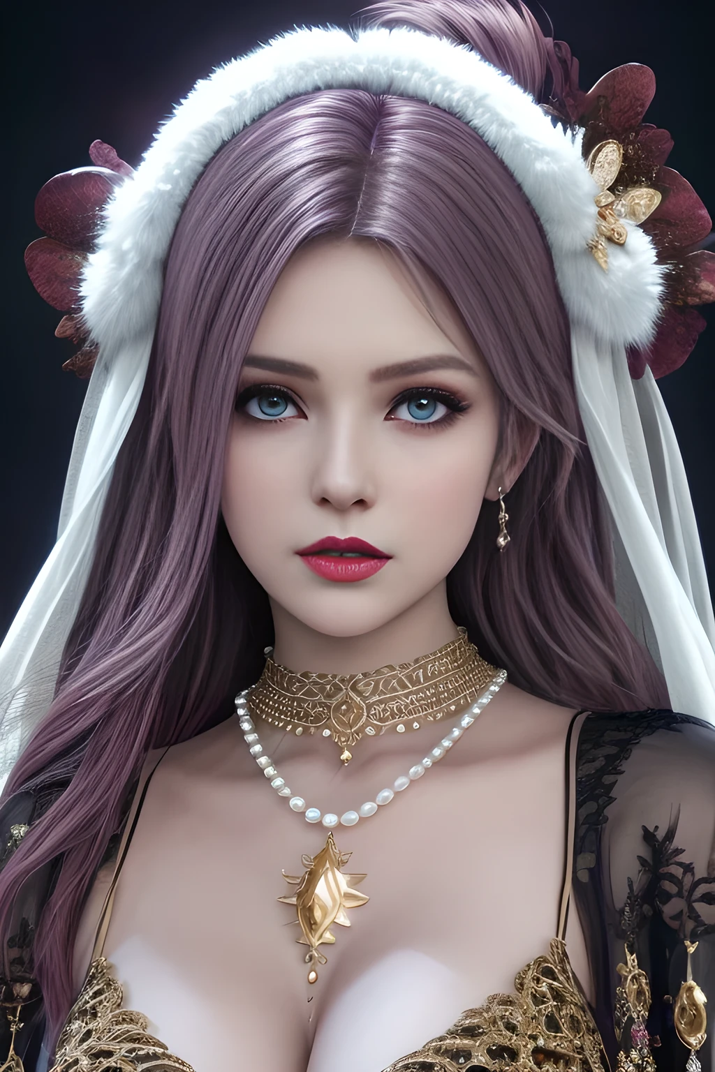 1girl, ice-crystal embellished dress, unclothed body, jewel, lace cloak, fluffs, pearl bodychain, beautiful detailed eyes, beautiful detailed lips, extremely detailed eyes and face, long eyelashes, best quality, 4k, 8k, highres, masterpiece, ultra-detailed, realistic, photorealistic, photo-realistic, ethereal glow, regal elegance, intricate details, luxurious, otherworldly beauty, dark atmospheric background, supernatural aura, elise,