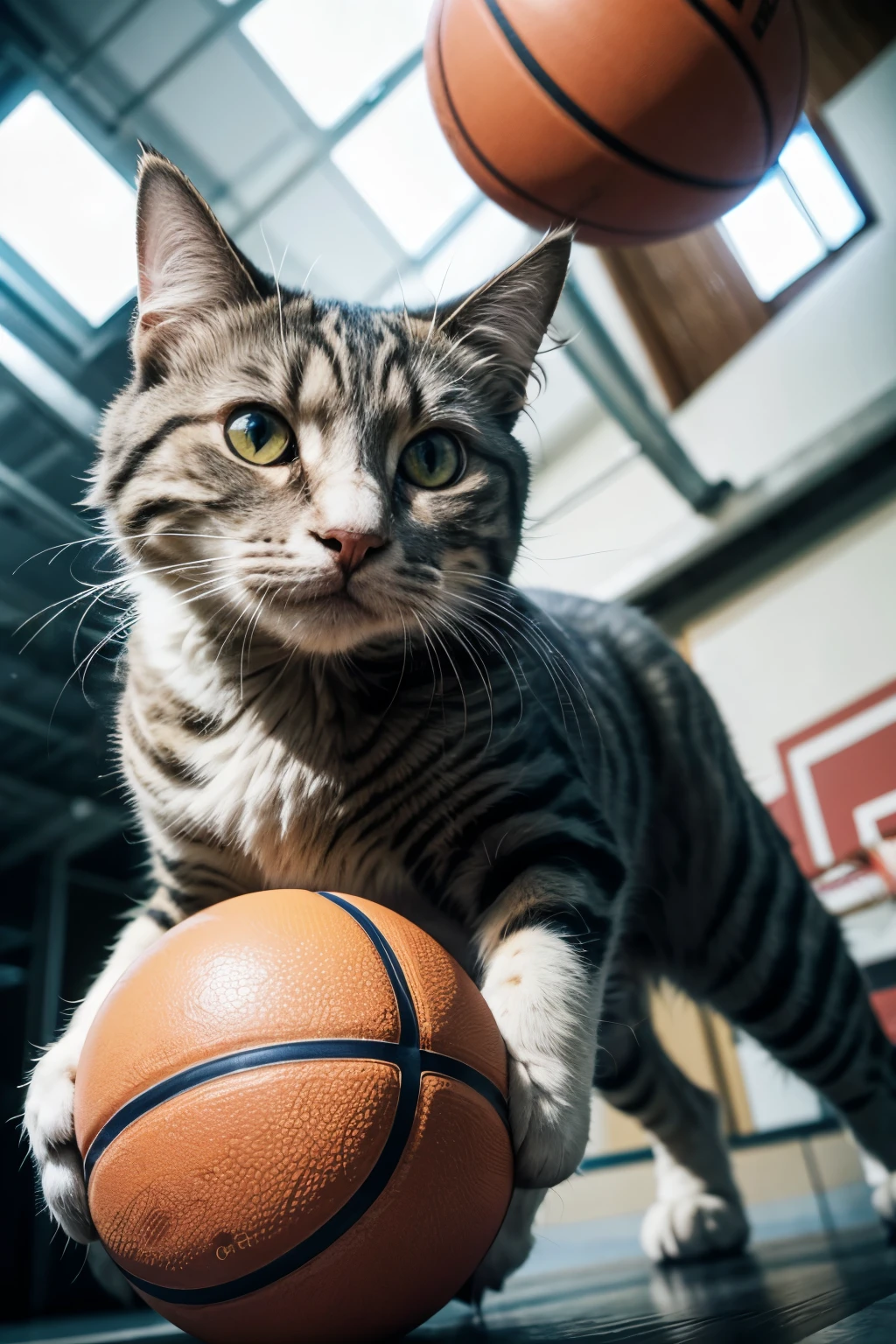 cat playing a basketball, motion blur, film grain, Sony FE GM, from below, UHD, 8k, highres, super detail, anatomically correct