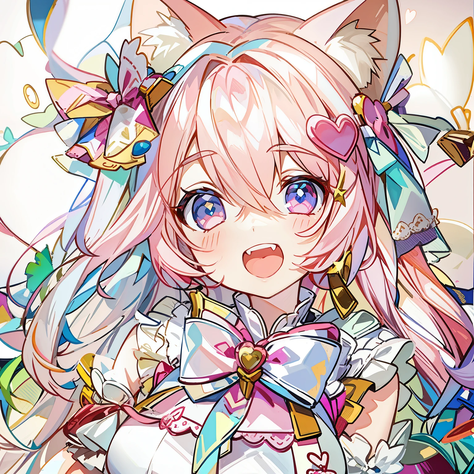 Masterpiece,Best quality, White background, (10:1girll), (10:One guy), Very long hair, White and pink hair , Love decoration , Multiple cyan and pink bows, White and pink pair of cat ears , Cyan eyes , Look straight ahead , love heart , Pink bow tie , White clothes , 5:Open mouth, 5:teeth