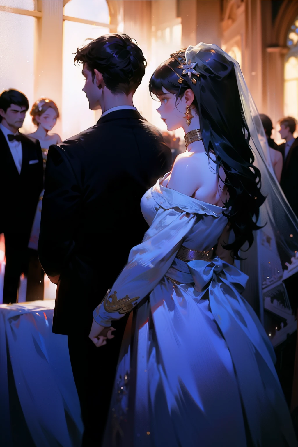 ((best quality)), ((masterpiece)), (detailed), 1girl, off-shoulder sweater, Wedding scene,The church was filled with spectators on both sides.,The groom stood in the middle and looked at the bride walking towards him