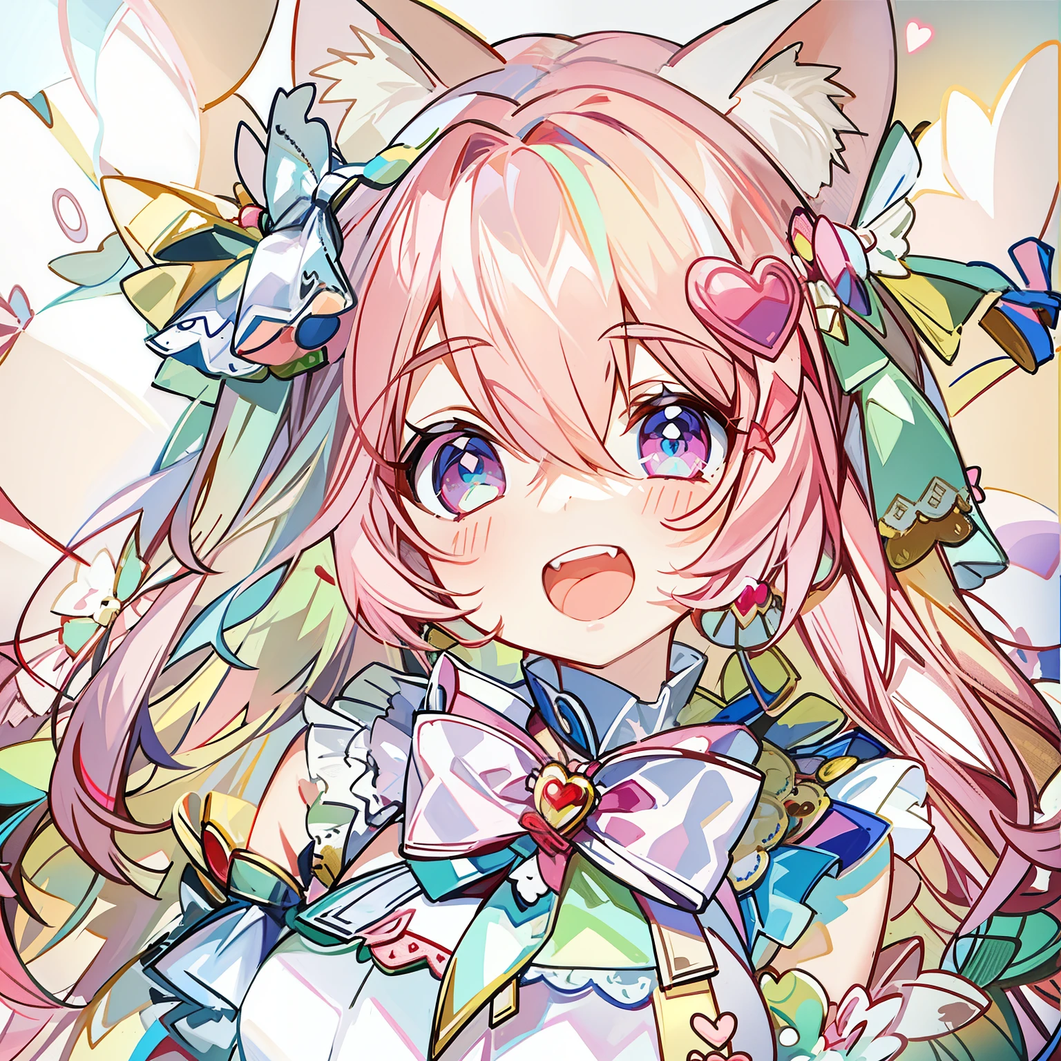 Masterpiece,Best quality, White background, (10:1girll), (10:One guy), Very long hair, White and pink hair , Love decoration , Multiple cyan and pink bows, White and pink pair of cat ears , Cyan eyes , Look straight ahead , love heart , Pink bow tie , White clothes , 5:Open mouth, 5:teeth