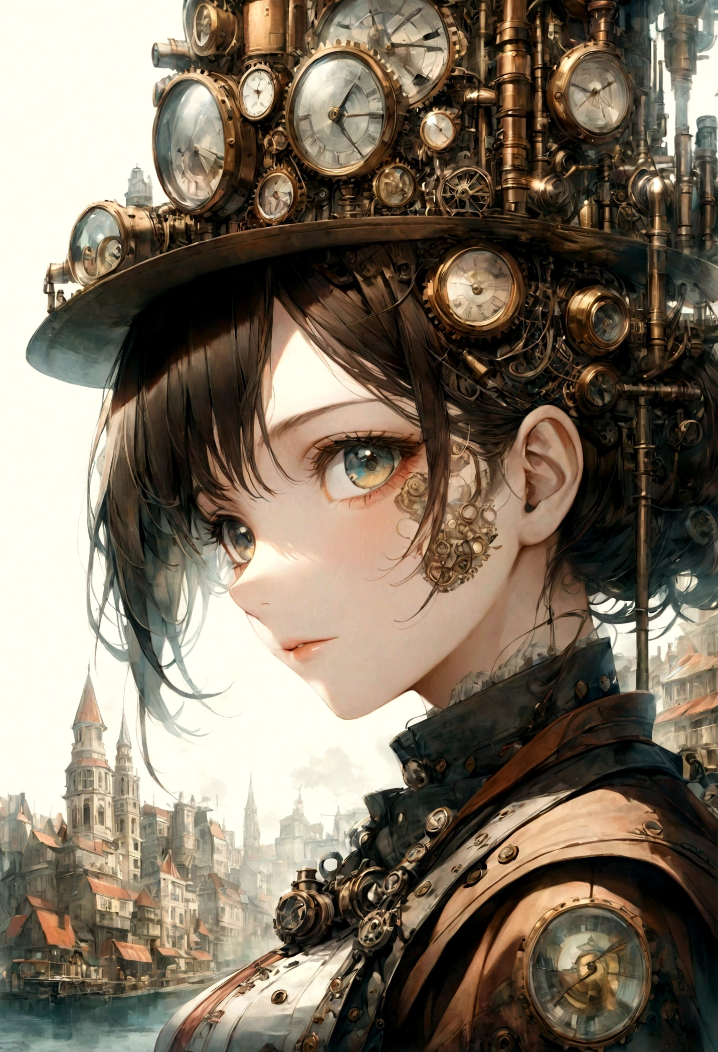    Double exposure of a beautiful and delicate female warrior(Face clear and perfect)Image，The background is a steampunk city perfect, Beautifully, Intricate illustrations, art work concept art work masterpiece, best quality, Super detailed, HD