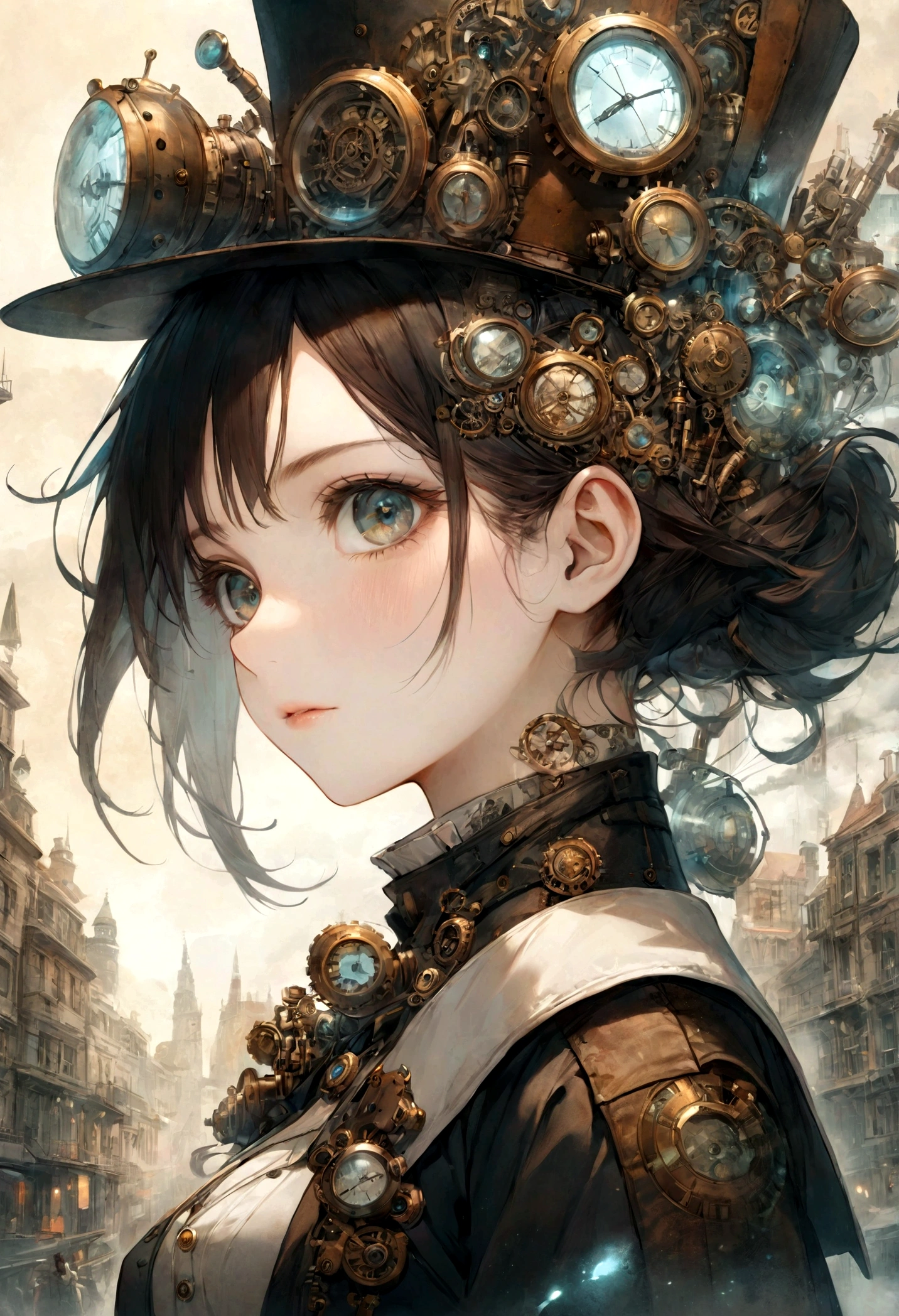 Double exposure of a beautiful and delicate female warrior(Face clear and perfect)Image,The background is a steampunk city perfect, Beautifully, Intricate illustrations, art work concept art work masterpiece, best quality, Super detailed, HD