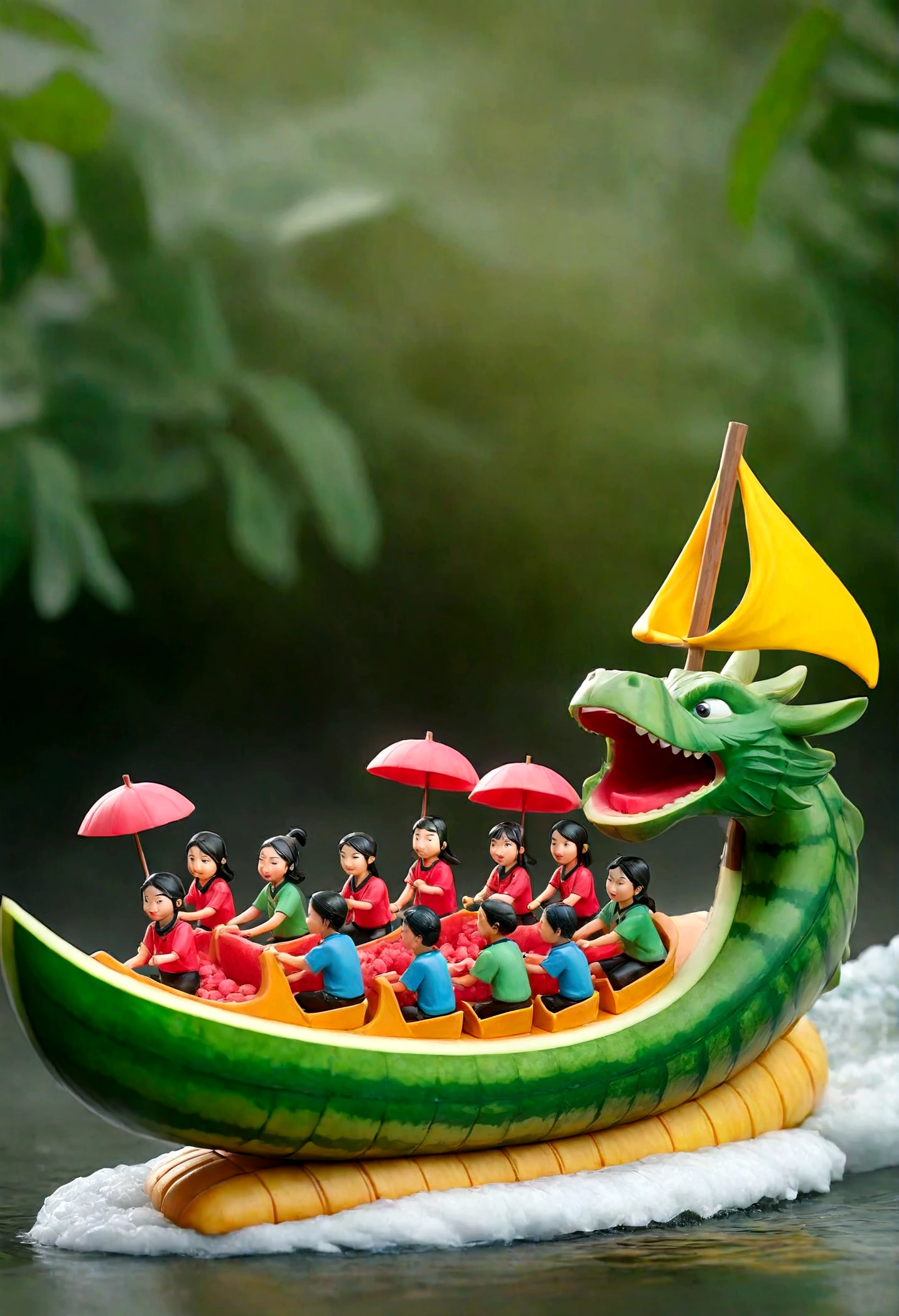 A miniature scene，China&#39;s，A group of people race a dragon boat made of watermelon，Incredibly creative，，Tatsuya Tanaka style。