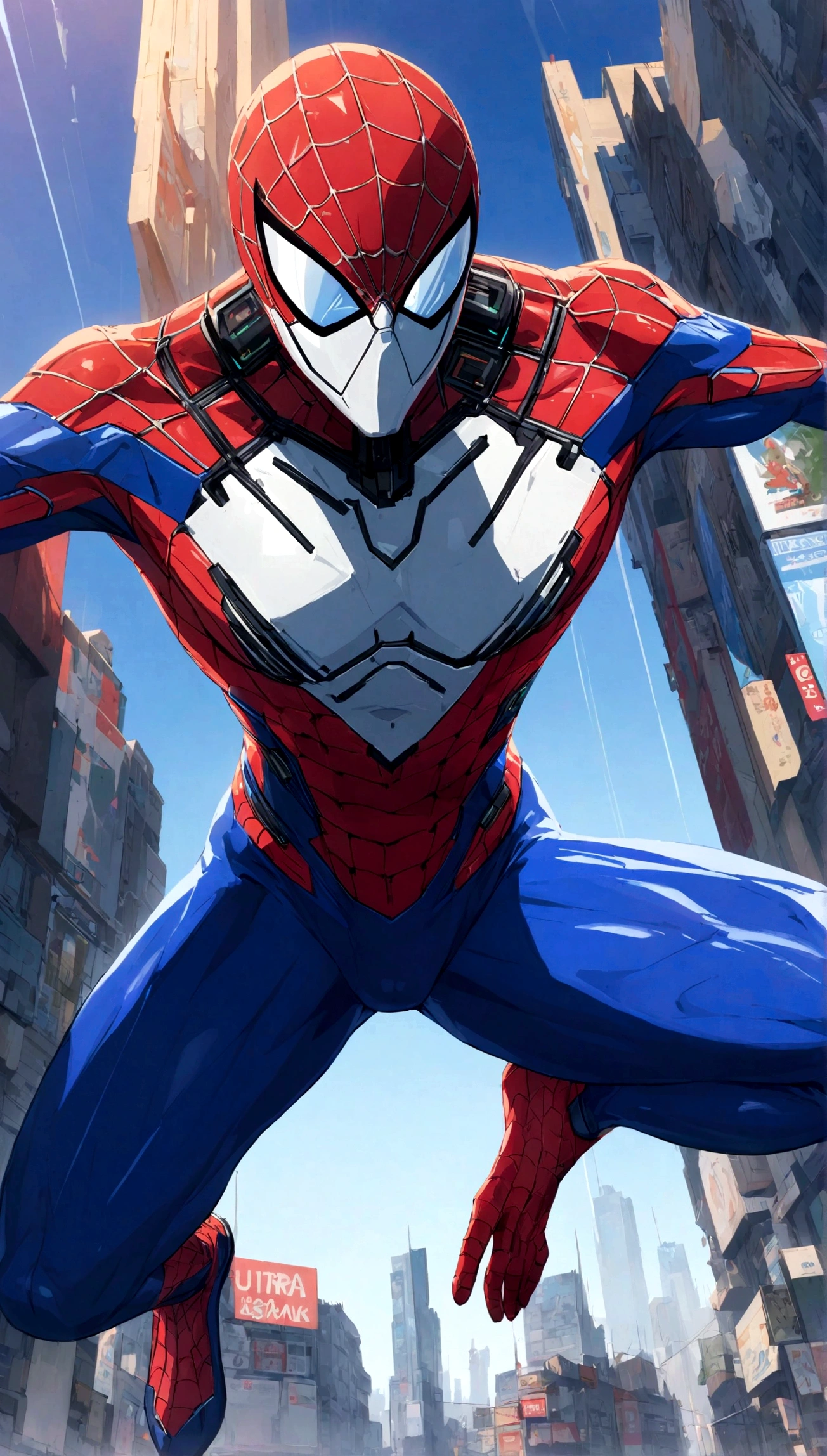 A Spider-Man in Cybernetic City, ultra detail, high resolution, anime, companies