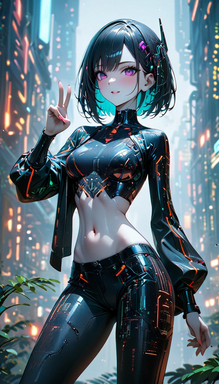 beautiful Cybernetics girl wearing a Futuristic Hair accessories, (Delicate skin), Pale skin, black crop top made of circuit boards, Navel tattoo, sexy Futuristic cyberpunk underpants, on branch, v, Japanese words with glitter effect, cyberpunk background,Sensual, is attractive, (masterpiece:1.3), (best quality:1.3), (ultra detailed:1.3), 8k, extremely clear