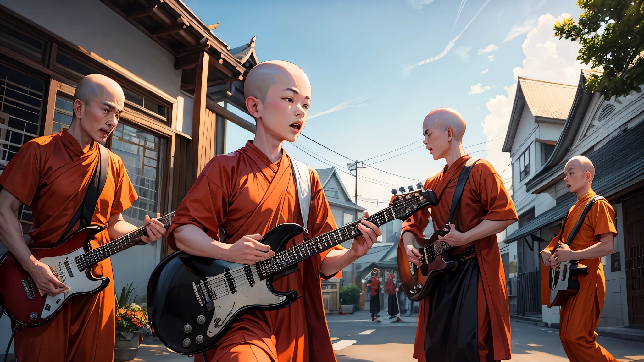 Rock band dressed like Thai monks Playing music frantically in front of the funeral home.