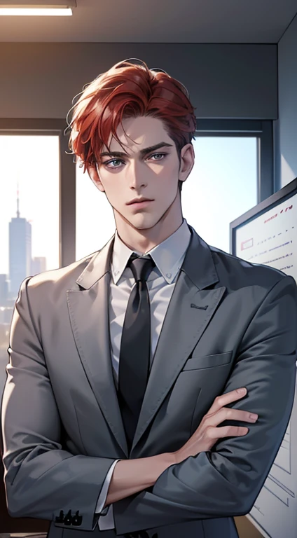 (best quality, masterpiece, 8K, photorealistic, cinematic lighting, hdr image, ultra detailed, beautiful image), 1 man, 31 years old, mature man, very handsome, (without expression, serious), short red hair, blue grey eyes ( penetrating gaze), perfect face without errors, imposing posture, without errors, businessman, office background