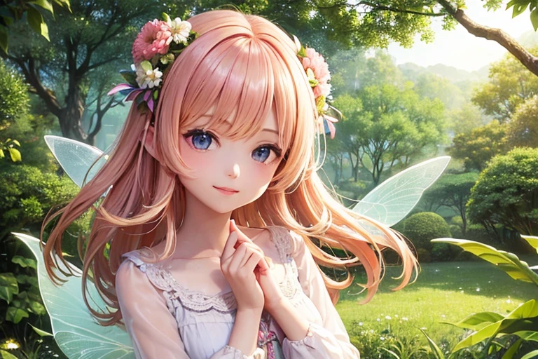 Top quality masterpiece, Highest quality and official artistic standards, Featuring beautiful and visually stunning fairy girls:1.3. This piece is very ingenious, rich in color, Exquisitely crafted down to the last detail, Vibrant, Vibrant, A unique visual experience. Optical blending technology brings playful patterns、Add depth to your artwork。, Enhances overall texture and color richness,Close-up portrait, Beautiful fairy, Cute Smile, alone,One Fairy, Transparent winged fairy,Fairy Wings,Fairy Wings,Elegance, Flower Hair Ornaments,Flower wreath,Pink color matching,Energetic Fairy,Smiling Fairy,にっこりとSmiling Fairy,Half Shot,Western-style blouse,Bob Hair,Beauty,1 Fairy,Delicate and high resolution,Precise,明るい青null,Bright Forest,magical forest,Flare,慈like,mercy,like,happiness,Divine,Fluffy clothes,Lustrous skin,Clear skin,White skin,Thin eyebrows,Bright blonde hair,rainbow,Silky Hair,Shiny and delicate hair,A realistic fairy,Young,young,pastel colour,null,Top view,Wide-open eyes,Cheerful girl,Long sleeve blouse,Lolita,Kind Face,White blouse,Drooping eyes,Bright pink clothes,Wavy hair blowing in the wind,ショートBob Hair,pastel colourの髪,A background full of dreams and hopes,noon,Light of the sun,rainbow,rainbow色の髪,Praying Fairy,praying,Flower Fairy,Flower Garden,Flower Field
