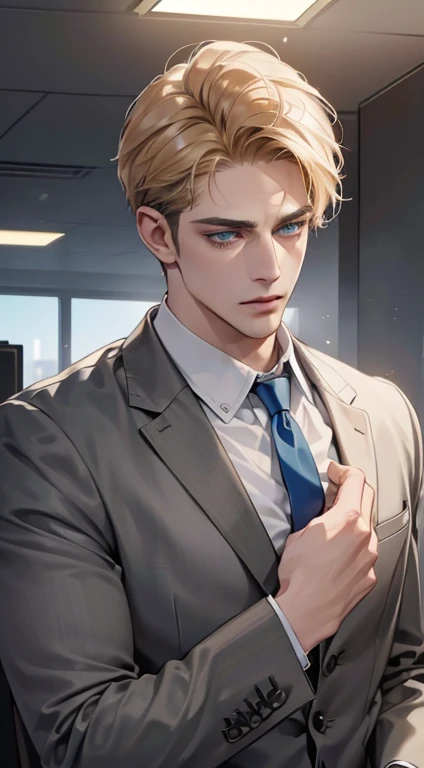 (best quality, masterpiece, 8K, photorealistic, cinematic lighting, hdr image, ultra detailed, beautiful image), 1 man, 31 years old, mature man, very handsome, (without expression, serious), short golden hair, blue grey eyes ( penetrating gaze), perfect face without errors, imposing posture, without errors, businessman, office background
