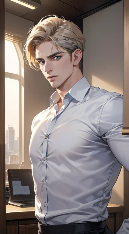 (best quality, masterpiece, 8K, photorealistic, cinematic lighting, hdr image, ultra detailed, beautiful image), 1 man, 31 years old, mature man, very handsome, (without expression, serious), short golden hair, blue grey eyes ( penetrating gaze), perfect face without errors, imposing posture, without errors, businessman, office background