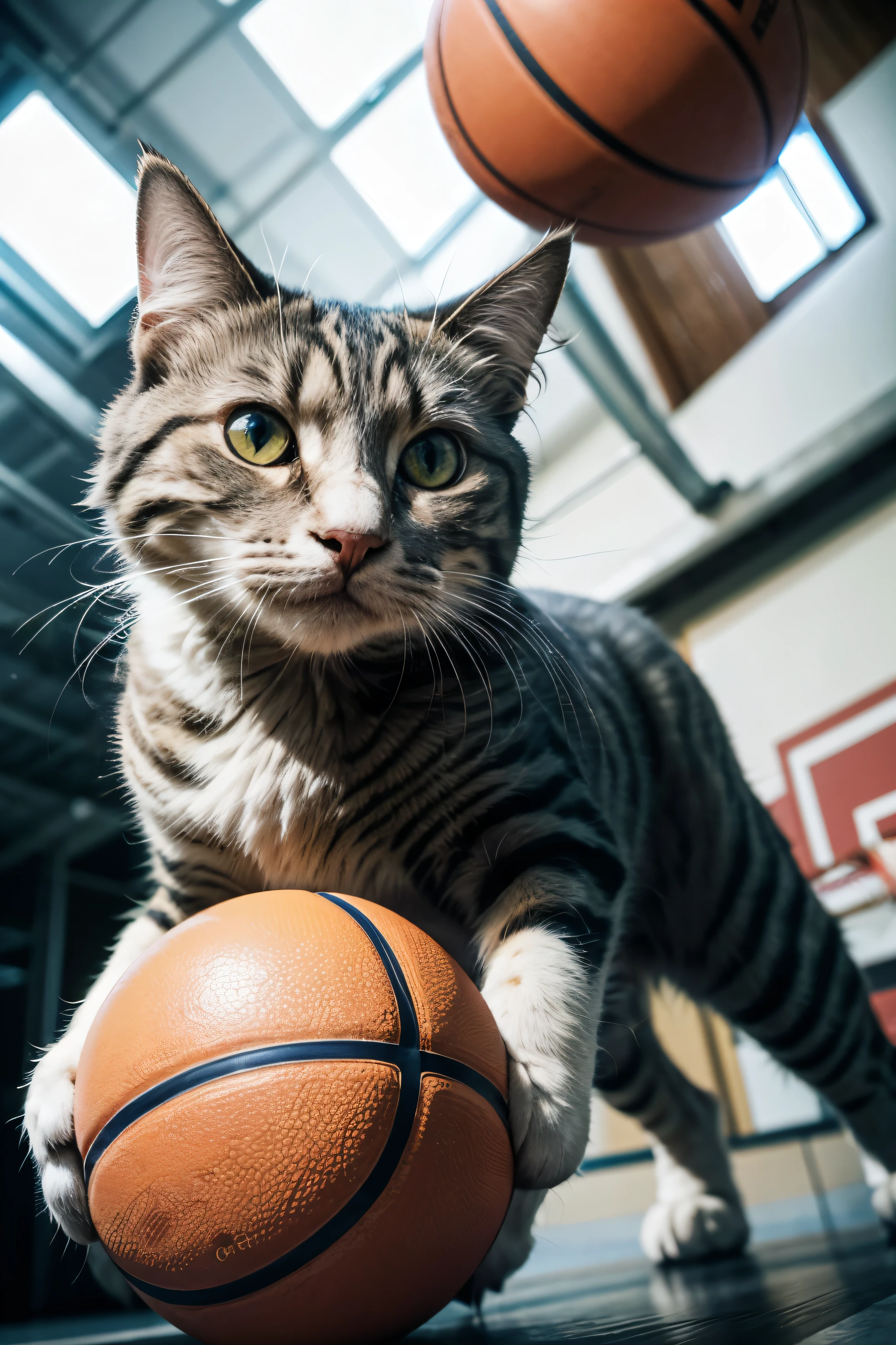 cat playing a basketball, motion blur, film grain, Sony FE GM, from below, UHD, 8k, highres, super detail, anatomically correct