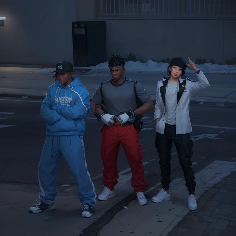 Three people standing on a street corner in a city, GTA V Streetstyle, Stil von GTA V, GTA5-Stil, Lots of NPCs on the streets, GTA-Charakter, GTA V-Charakter, Posing for a fight, inspiriert von Jang Seung-eop, Posing for a fight intricate, Ariana Grande in GTA V, & Jee-hyung Lee & Wlop
