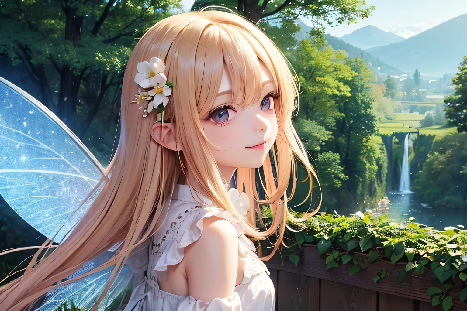 Top quality masterpiece, Highest quality and official artistic standards, Featuring beautiful and visually stunning fairy girls:1.3. This piece is very ingenious, rich in color, Exquisitely crafted down to the last detail, Vibrant, Vibrant, A unique visual experience. Optical blending technology brings playful patterns、Add depth to your artwork。, Enhances overall texture and color richness,Close-up portrait, Beautiful fairy, Cute Smile, alone,One Fairy, Transparent winged fairy,Fairy Wings,Fairy Wings,Elegance, Flower Hair Ornaments,Flower wreath,Pink color matching,Energetic Fairy,Smiling Fairy,Smiling Fairy,Half Shot,Western-style blouse,Bob Hair,Beauty,1 Fairy,Delicate and high resolution,Precise,Light Blue Null,Bright Forest,magical forest,Flare,慈like,mercy,like,happiness,Divine,Fluffy clothes,Lustrous skin,Clear skin,White skin,Thin eyebrows,Bright blonde hair,rainbow,Silky Hair,Shiny and delicate hair,A realistic fairy,Young,young,pastel colour,null,Top view,Wide-open eyes,Cheerful girl,Long sleeve blouse,Lolita,Kind Face,White blouse,Drooping eyes,Bright pink clothes,Wavy hair blowing in the wind,Short Bob Hair,pastel colourの髪,A background full of dreams and hopes,noon,Light of the sun,rainbow,Rainbow colored hair,Praying Fairy,praying,Flower Fairy,Flower Garden,Flower Field