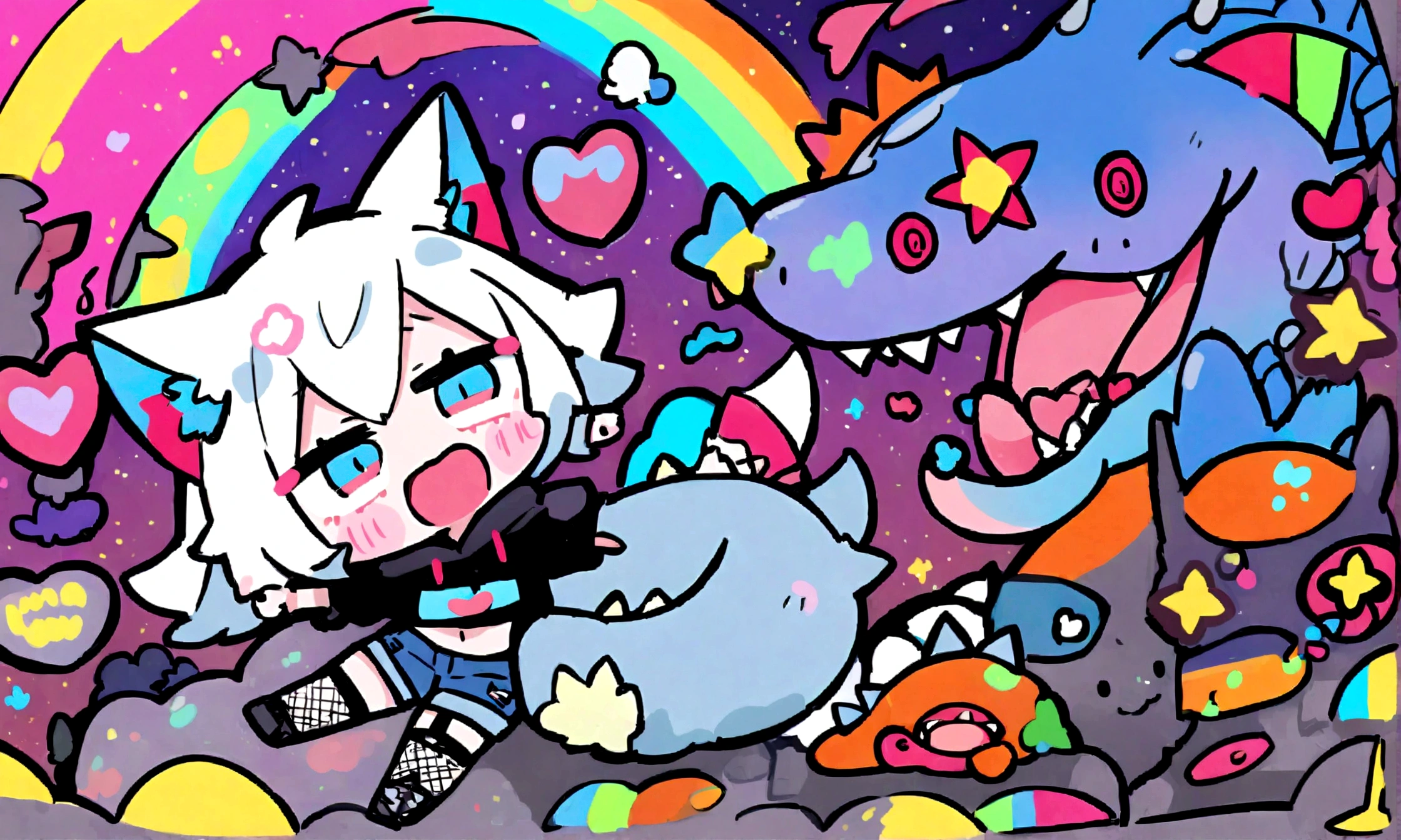 a cute chibi style adult male with wolf ears, white hair, has a wolf tail, wearing a loose cropped oversized black hoodie, wearing a pair of denim short shorts and fishnet stockings, thick thighs, wide hips, dancing on mound of fluffy multi colored kawaii plushies, short, very slim, showing slender tummy, heart on hoodie, squishy thighs, has glowing blue eyes. alone, solo (ALONE)(SOLO), surrounded by rainbows, colorful galaxy backround, big happy open mouthed smile on his face, riding a t-rex