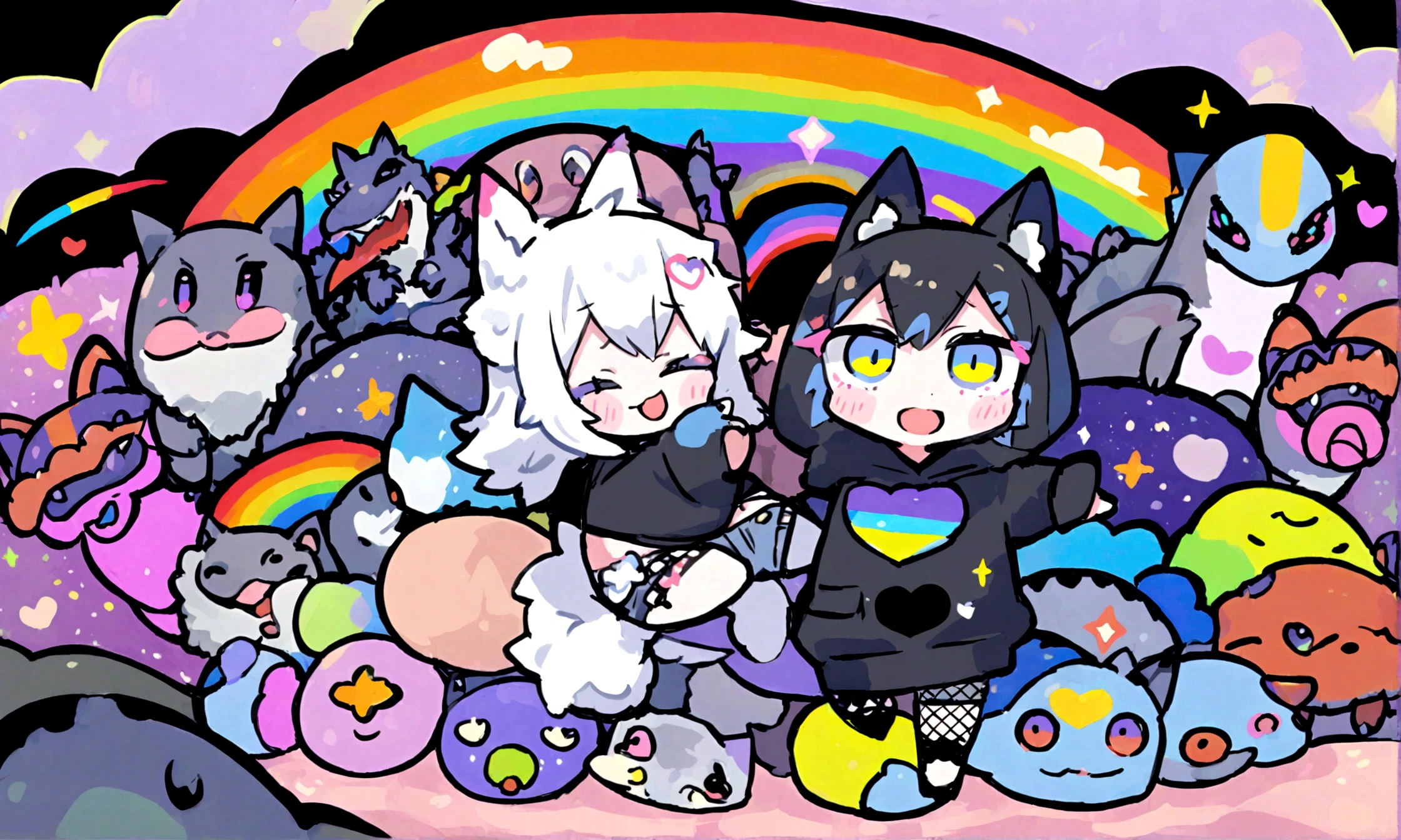 a cute chibi style adult male with wolf ears, white hair, has a wolf tail, wearing a loose cropped oversized black hoodie, wearing a pair of denim short shorts and fishnet stockings, thick thighs, wide hips, dancing on mound of fluffy multi colored kawaii plushies, short, very slim, showing slender tummy, heart on hoodie, squishy thighs, has glowing blue eyes. alone, solo (ALONE)(SOLO), surrounded by rainbows, colorful galaxy backround, big happy open mouthed smile on his face, riding a t-rex