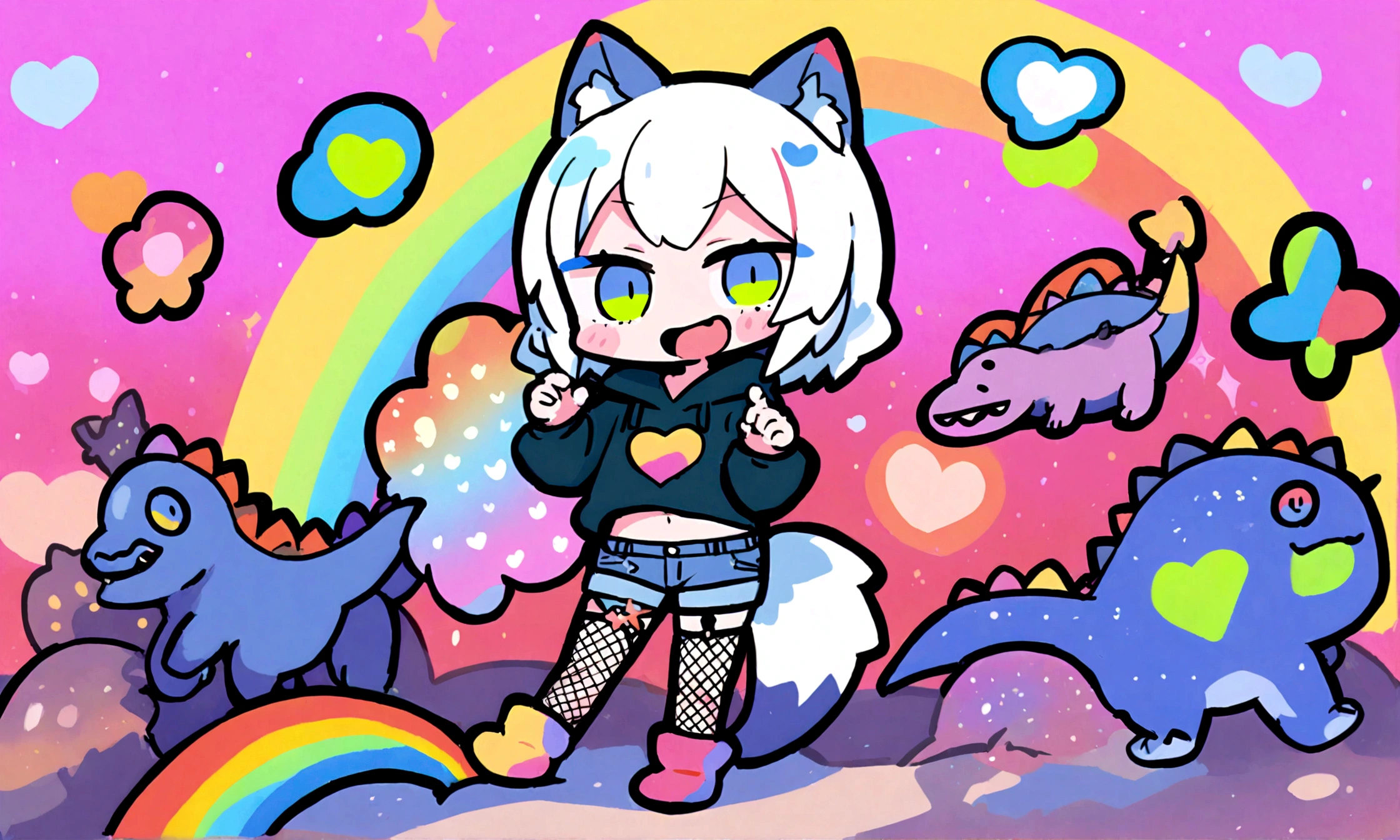 a cute chibi style adult male with wolf ears, white hair, has a wolf tail, wearing a loose cropped oversized black hoodie, wearing a pair of denim short shorts and fishnet stockings, thick thighs, wide hips, dancing on mound of fluffy multi colored kawaii plushies, short, very slim, showing slender tummy, heart on hoodie, squishy thighs, has glowing blue eyes. alone, solo (ALONE)(SOLO), surrounded by rainbows, colorful galaxy backround, big happy open mouthed smile on his face, riding a t-rex