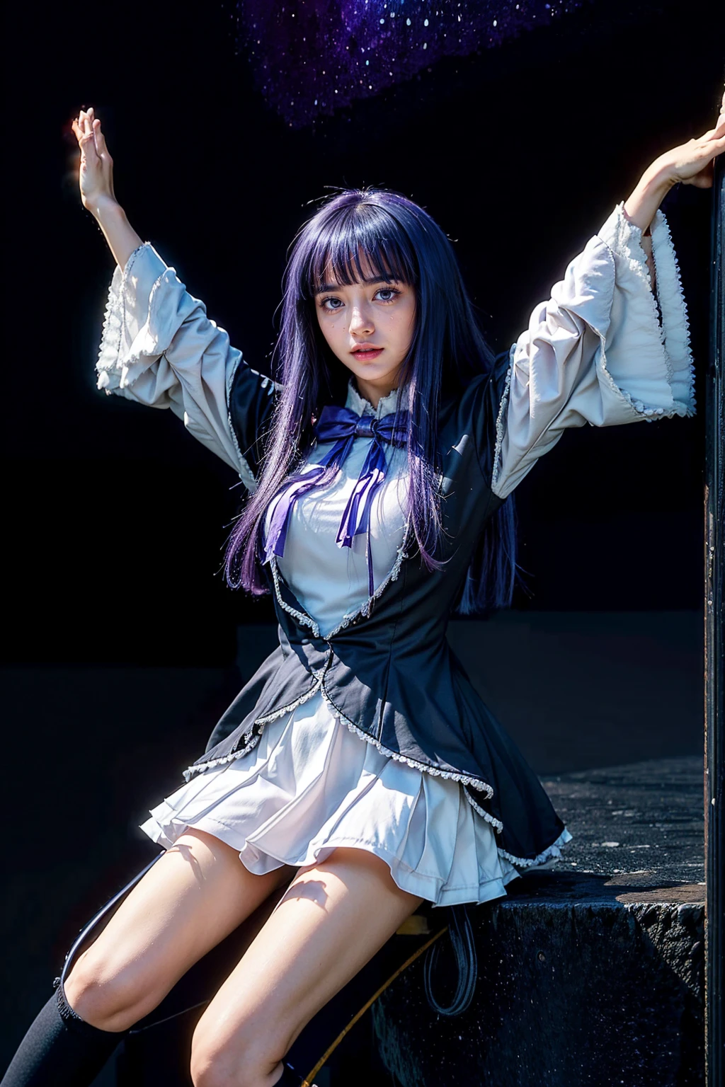 masterpiece,best quality,1girl,frederica bernkastel,purple hair,cat tail,tail bow,purple eyes,tail ornament,dress,bowtie,socks,expressionless,outstretched arms,outer space,surrounded by floating crystal,cowboy shot,