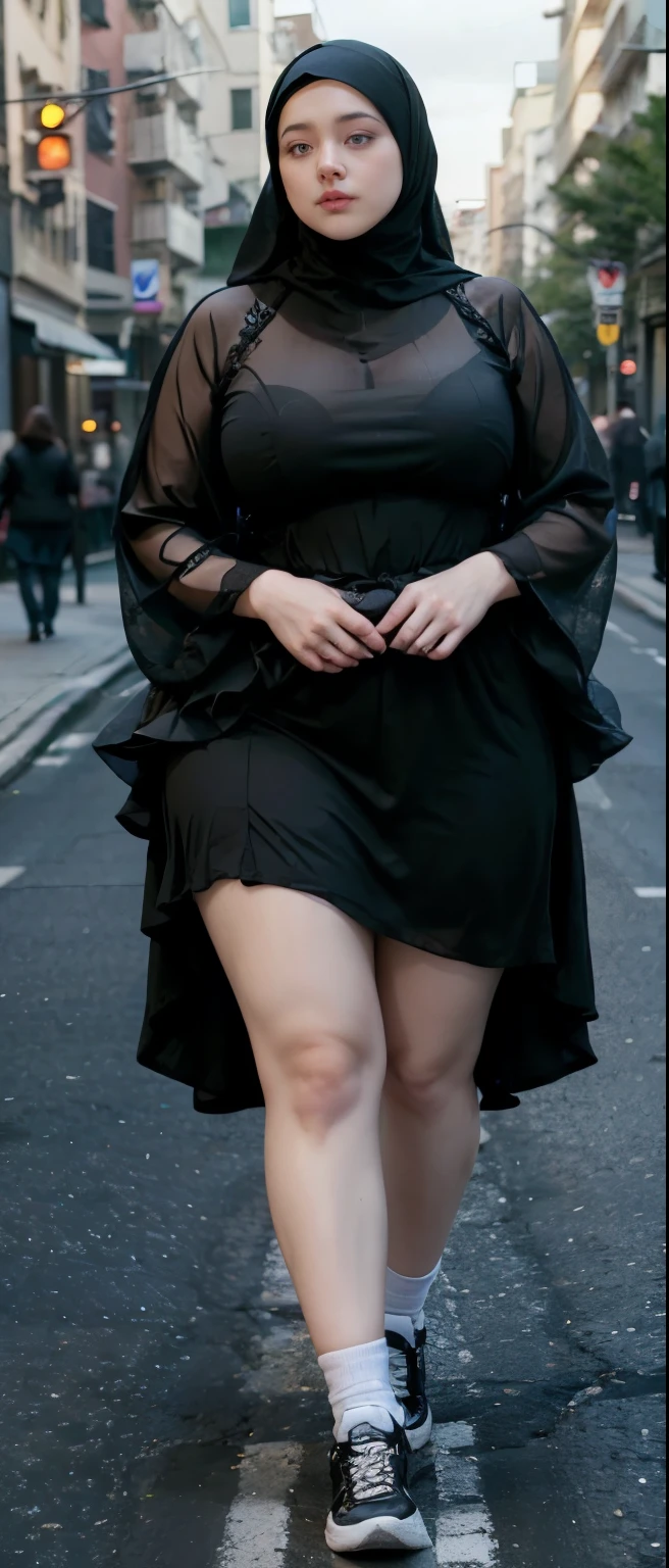 Milky white skin woman in black dress and hijab walking down the street, ,  hijab outfit, ,  hijab fashion model, plus size, plus size woman, ,  woman in black robes, beautiful woman, thicc, black outfit,, bbwchan , white sneakers , Height 170 cm, beautiful woman, with a beautiful appearance, a very beautiful masterpiece, a masterpiece of art, good lighting, Bright colors, Clean lines