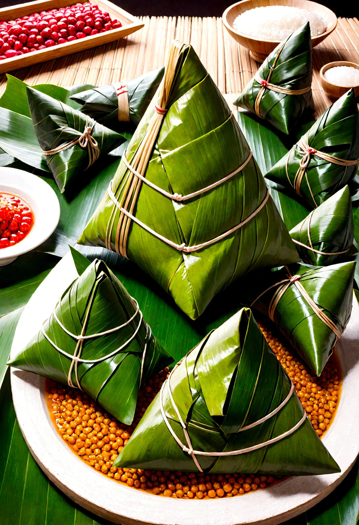 A miniature scene，China&#39;s，A group of people are wrapping giant zongzi with bamboo leaves，Incredibly creative，Tatsuya Tanaka style。