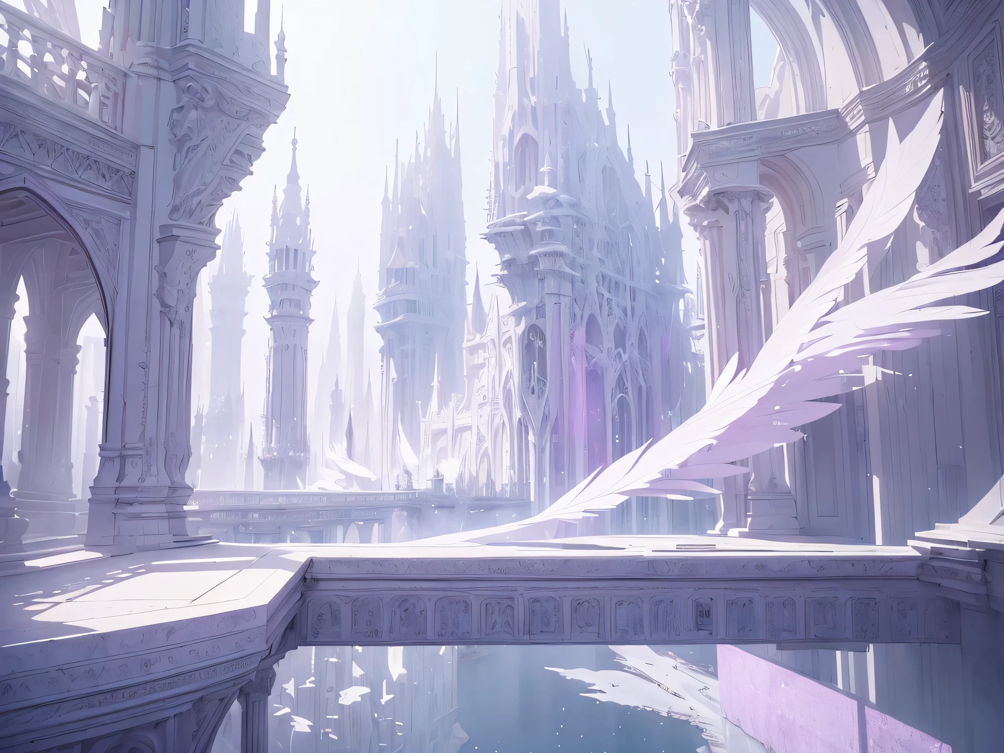 (Light purple-white tones，Shocking and magnificent uninhabited scenery，Silent white City World)，quiet，healing feeling，((Falling white feathers))，white crystal architecture，(best quality，masterpiece，Extremely complex and exquisite details)，Scenography