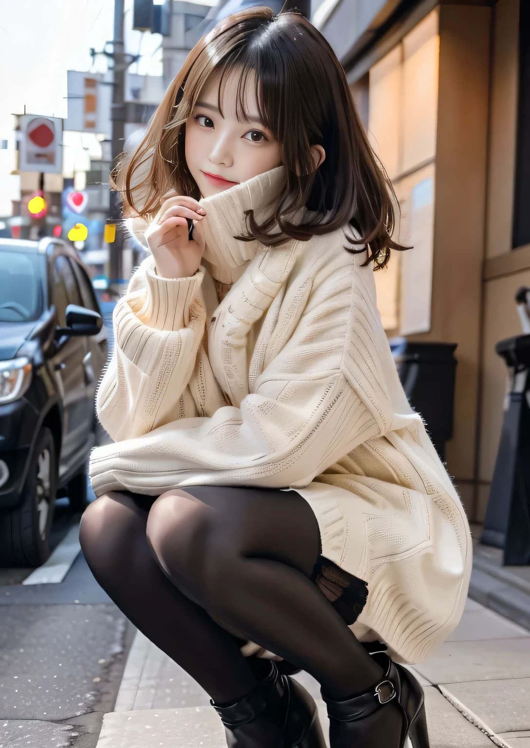 Photos taken by a professional photographer，Close-up of a woman squatting on the sidewalk with her legs crossed, Kiko Mizuhara, Wear a sweater, Shirahime cuts her brown hair, Wear a sweater, Young and pretty girl, Japanese Model, 白いWear a sweater, Chiho, Random color casual wear a sweater,Cute eyed waves for short hair, a Cute young woman, Cute young woman, Black Pantyhose，black tights，Black high heels，