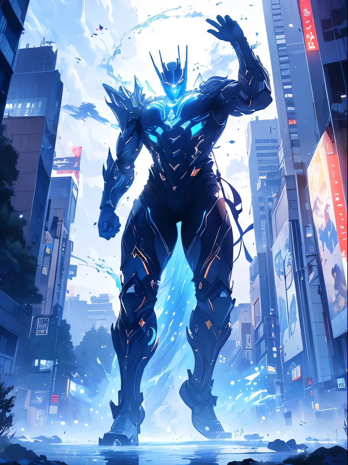 ((highest quality)), ((masterpiece)), ((super detailed)), (very delicate and beautiful), Giant towering miniscule city, cool, Hero, special effects, Ultraman, Light blue body, swaying body, flowing energy, urban area, building, whole body, dynamic, pull composition