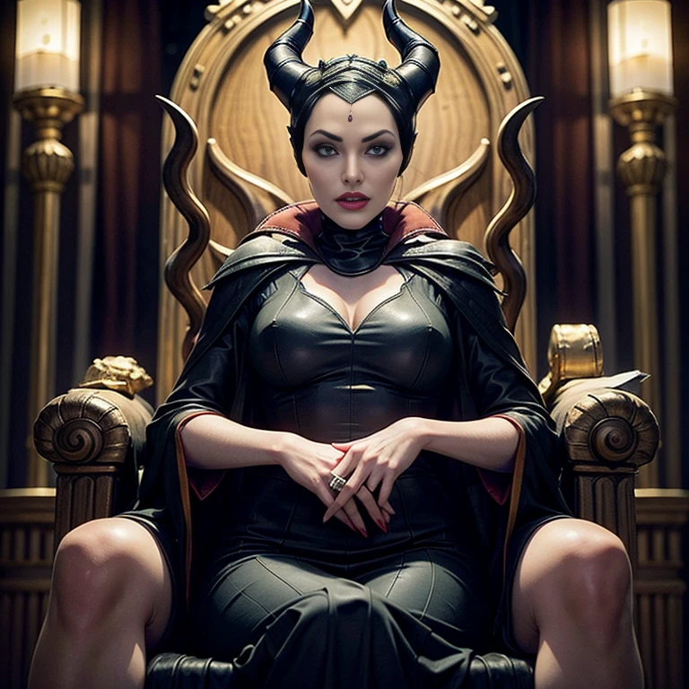 Masterpiece, best quality, detailed face, perfect eyes, Maleficent, pale skin, green eyes, black cowl, demon horns, throne behind her, looking at viewer, Sitting on a dark Throne chair. Behind her. In a dark throne room